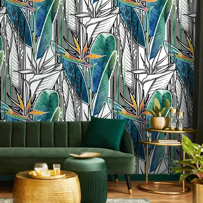 Tropical Wallpaper With Graphic Bird Of Paradise In Green, Blue, And Orange – A522