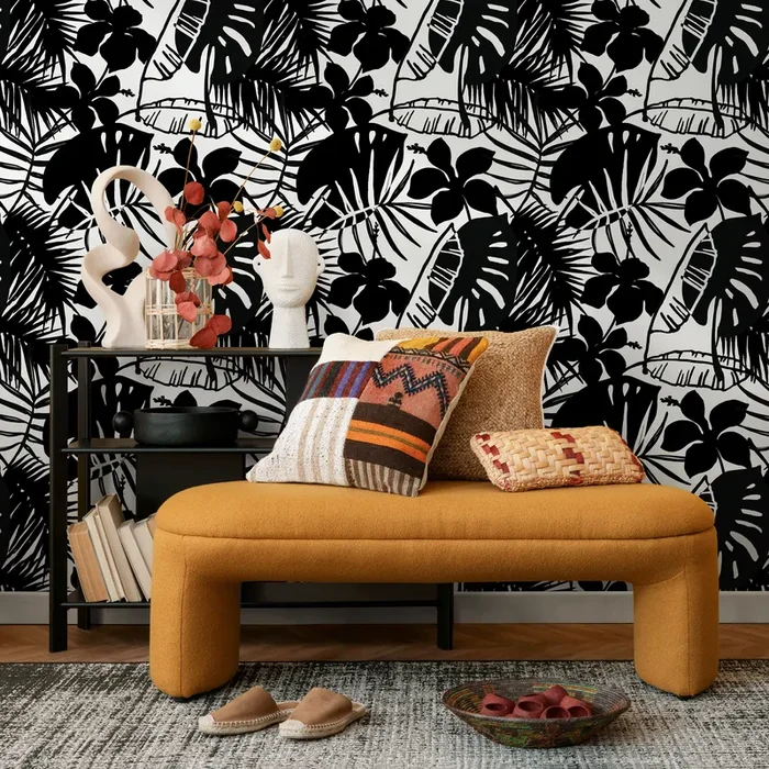 Tropical Wallpaper With Hibiscus And Palm Leaf Silhouettes In Black And White – C298