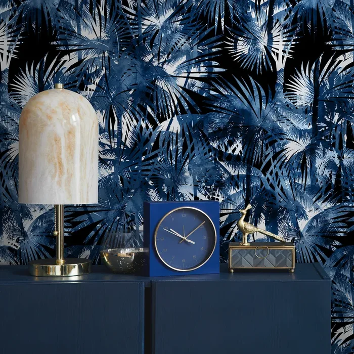 Tropical Wallpaper With Layered Palm Fronds In Navy Blue And Black – B136