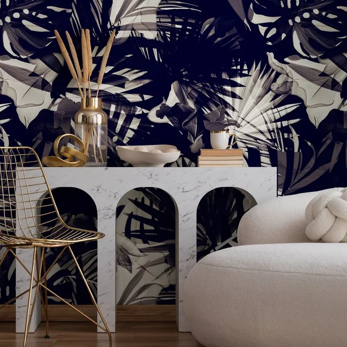 Tropical Wallpaper With Layered Palm Leaves In Navy, Taupe, And Beige – A975