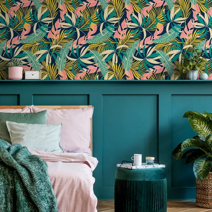Tropical Wallpaper With Layered Palm Leaves In Teal, Yellow, And Pink – B733