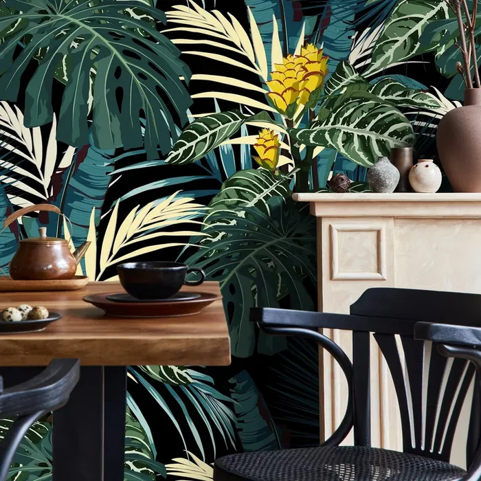 Tropical Wallpaper With Lush Jungle Foliage In Green, Yellow, And Black – A800