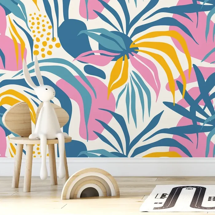 Tropical Wallpaper With Modern Abstract Leaves In Blue, Pink, And Yellow – D712