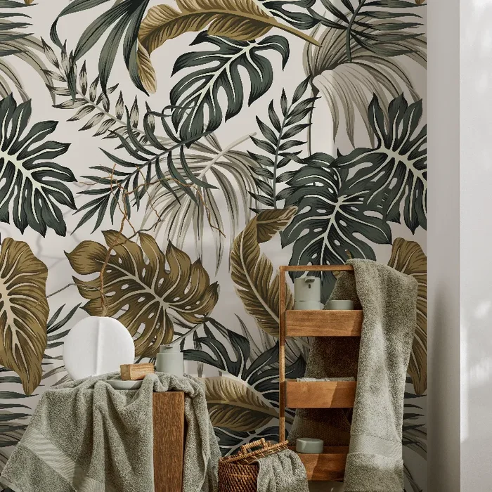 Tropical Wallpaper With Monstera And Palm Leaves In Green And Gold – B964