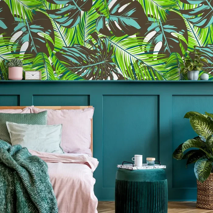 Tropical Wallpaper With Monstera And Palm Leaves In Green, Teal, And Brown – B138