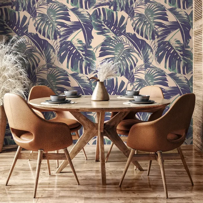Tropical Wallpaper With Monstera Leaves In Purple, Green, And Beige – B127