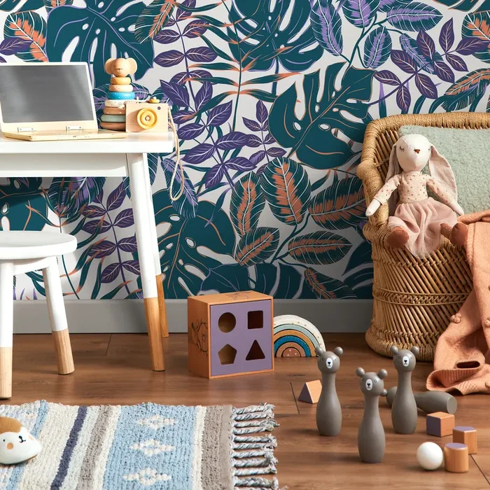 Tropical Wallpaper With Monstera Leaves In Teal, Purple, And Orange – B800
