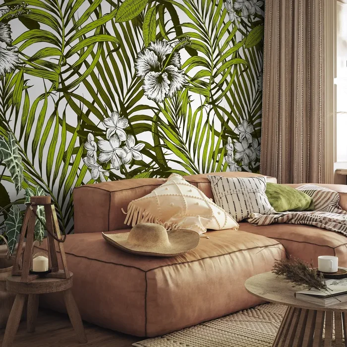 Tropical Wallpaper With Palm Leaves And Hibiscus Flowers In Green And Black – B420