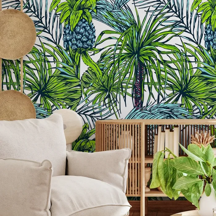 Tropical Wallpaper With Palm Leaves And Pineapples In Green And Blue – B113