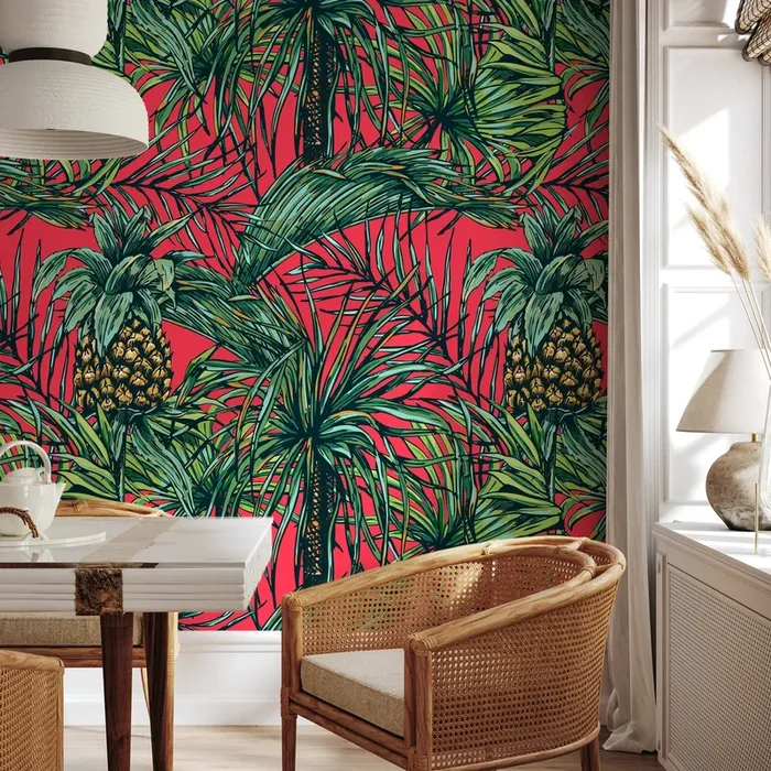 Tropical Wallpaper With Pineapples And Palm Leaves In Red, Green, And Yellow – A973