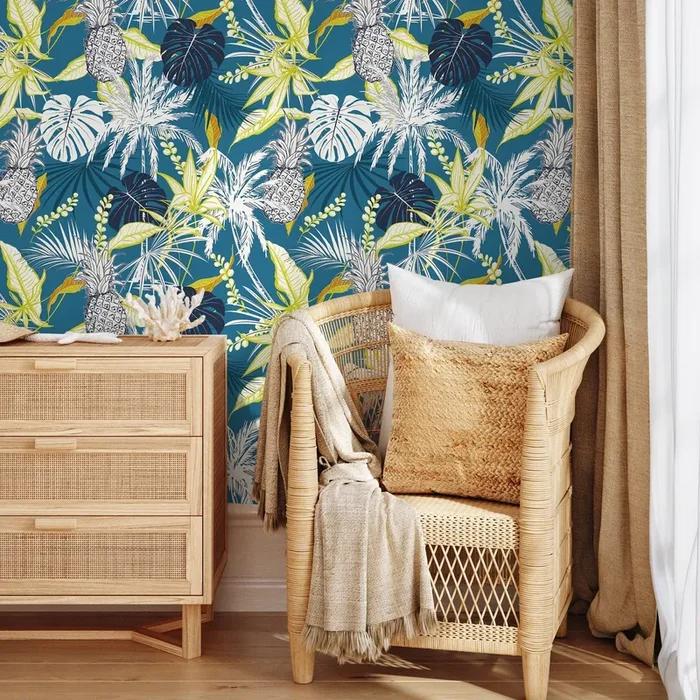 Tropical Wallpaper With Pineapples And Palm Leaves In Teal, Green, And White – B427