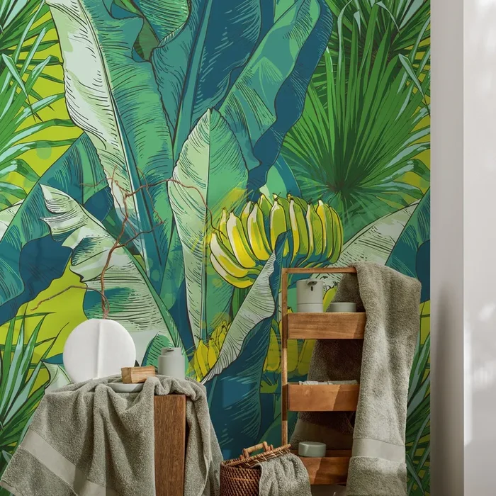 Tropical Wallpaper With Sketched Banana Leaves In Green And Yellow – B171