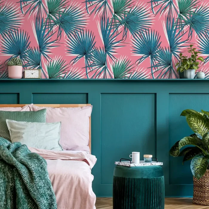 Tropical Wallpaper With Stylized Fan Palm Leaves In Pink, Teal, And Green – B251