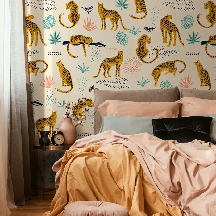 Tropical Wallpaper With Stylized Leopards In Yellow, Teal, And Pink – C350