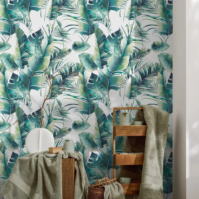 Tropical Wallpaper With Watercolor Palm Leaves In Green And Teal – A512