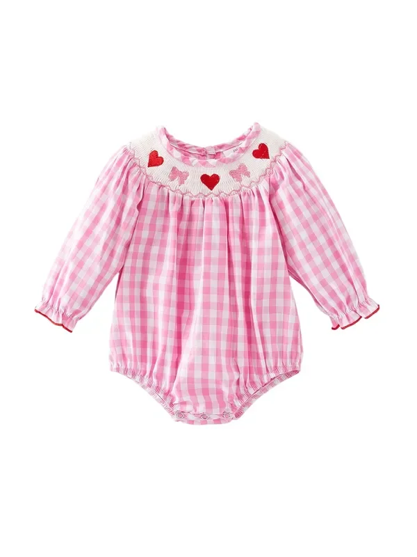 Valentine’s Day Heart Bow Smocking Embroidered Pink Romper