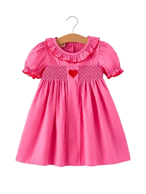 Valentine’s Day Hot Pink Ruffle Collar Heart Applique Girls Dress