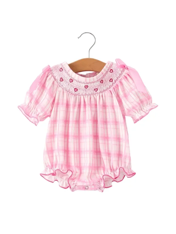 Valentine’s Day Pink Plaid Smocked Heart Embroidery Girls Romper