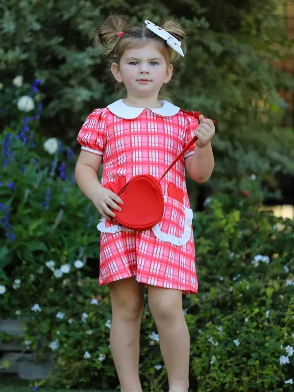 Valentine’s Day Plaid Pocket Girls Short Sleeves Dress