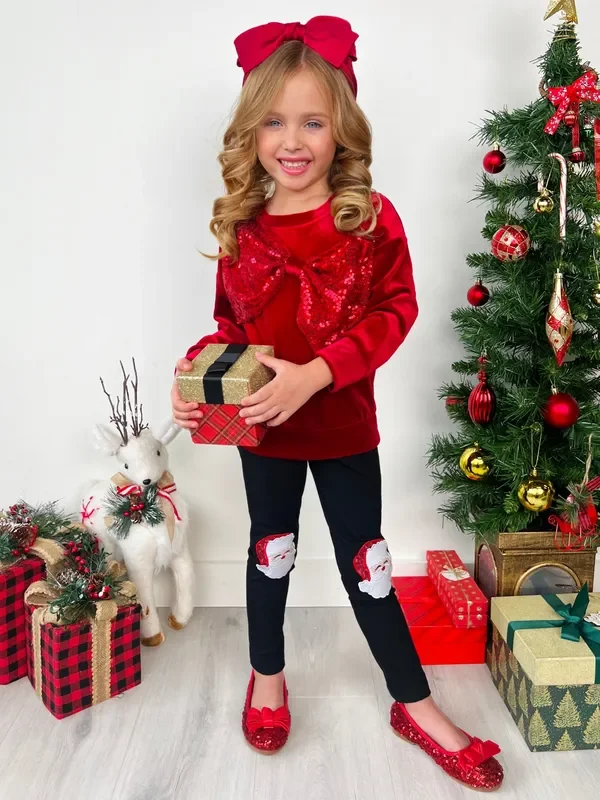 Velvet Sparkle Bow Sweater and Santa Legging Set