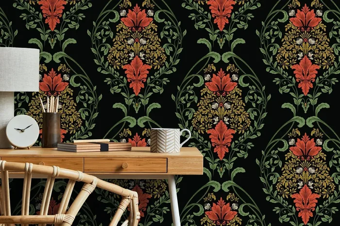 Victorian Floral Wallpaper With A Damask Motif In Red, Green, And Gold – D218