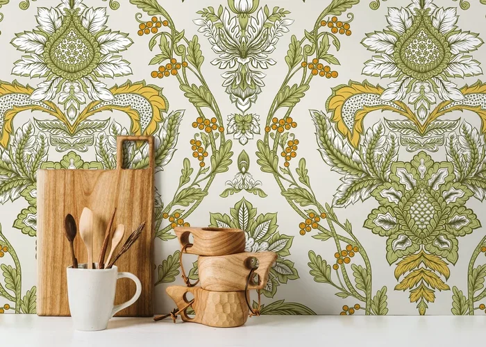 Victorian Wallpaper With A Floral Damask Motif In Green, Yellow, And Orange – D224