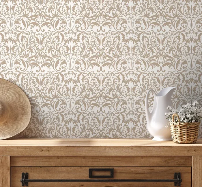 Victorian Wallpaper With An Elegant Damask Motif In Beige – D364