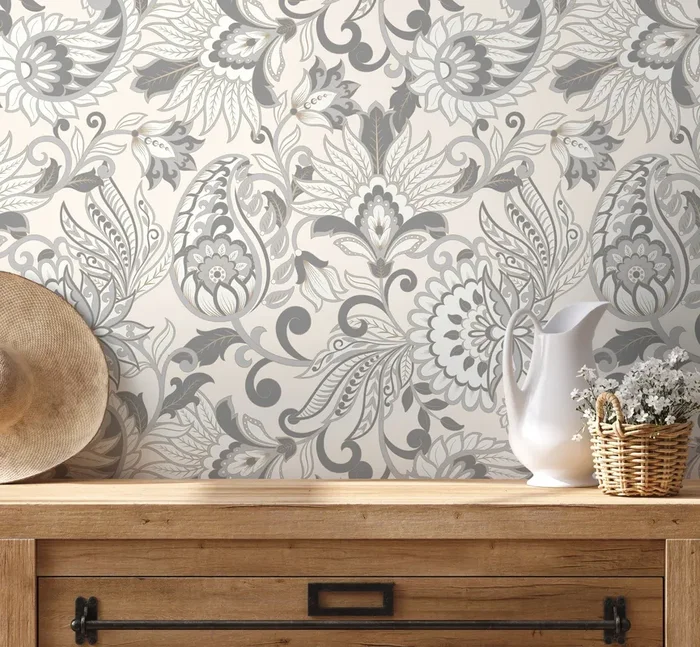 Victorian Wallpaper With An Elegant Paisley Damask In Gray And Beige – D088