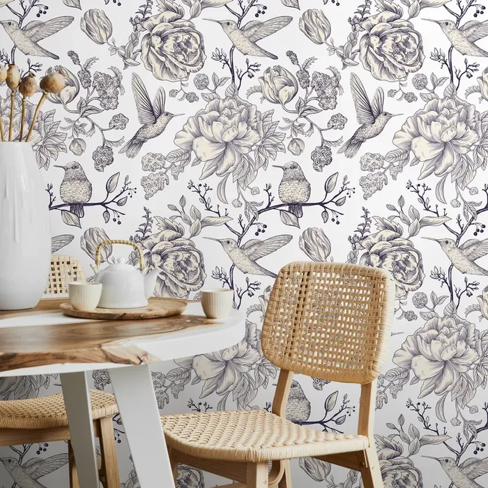 Vintage Floral Wallpaper With Hummingbirds And Peonies In Navy Blue – A627