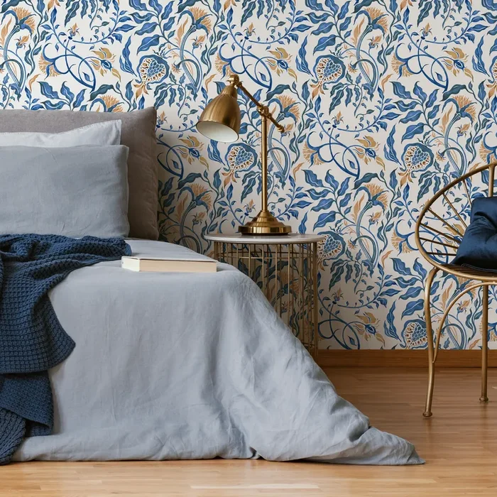 Vintage Wallpaper Featuring Art Nouveau Floral Vines In Blue And Gold – C600