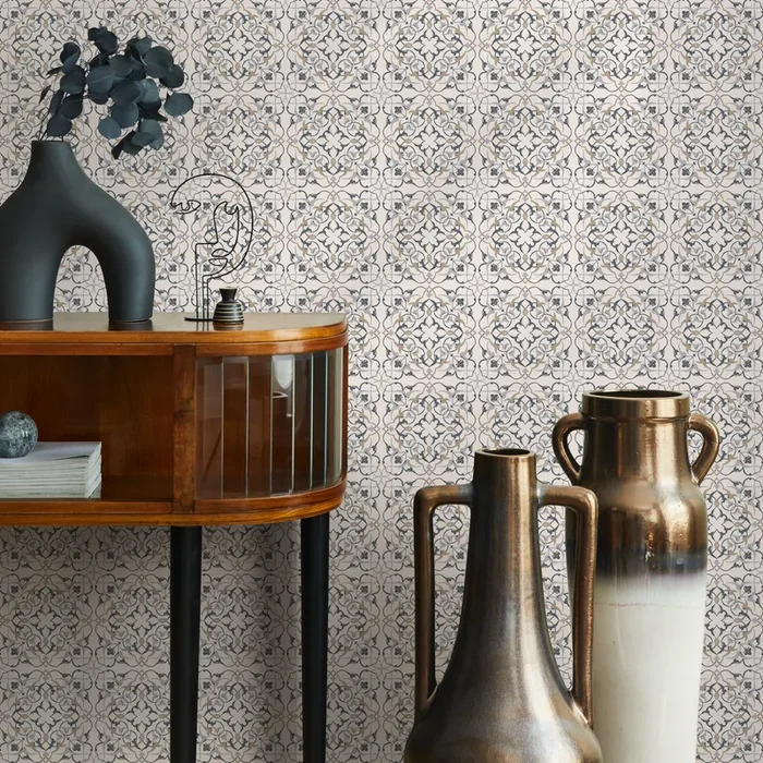 Vintage Wallpaper With A Geometric Medallion Motif In Slate Blue And Beige – C162