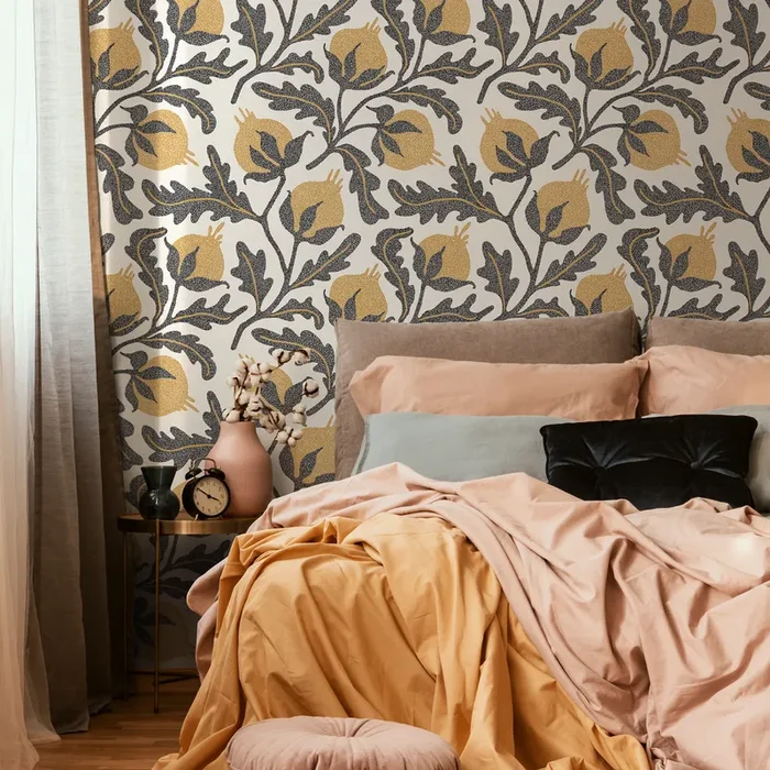 Vintage Wallpaper With A Stippled Pomegranate Motif In Yellow And Charcoal – D019