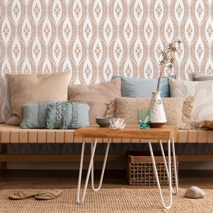 Vintage Wallpaper With A Stylized Ogee Leaf Motif In Old Rose – D173