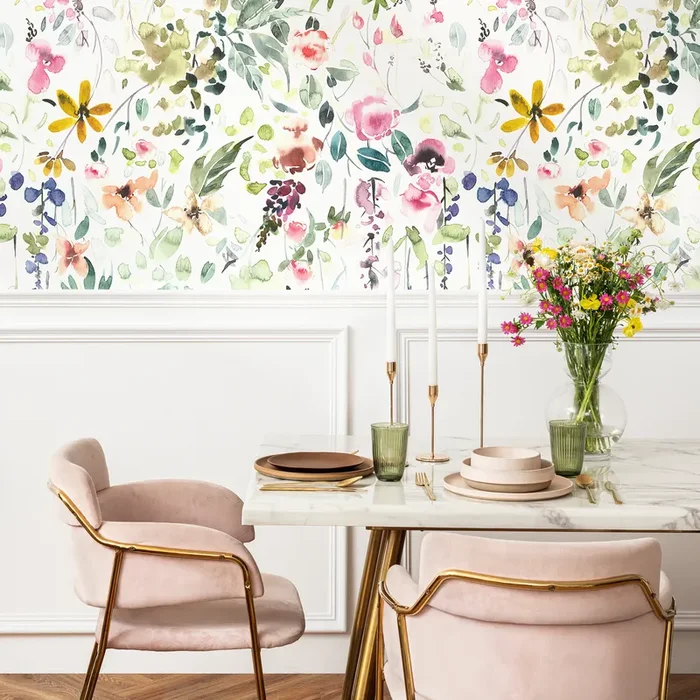 Watercolor Wallpaper With A Floral Meadow In Pink, Green, And Yellow – A648