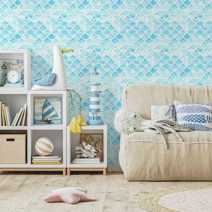 Watercolor Wallpaper With A Mermaid Scale Motif In Blue And White – A044