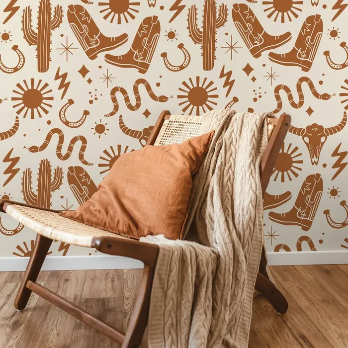 Western Wallpaper With Cowboy And Desert Motifs In Brown – D825