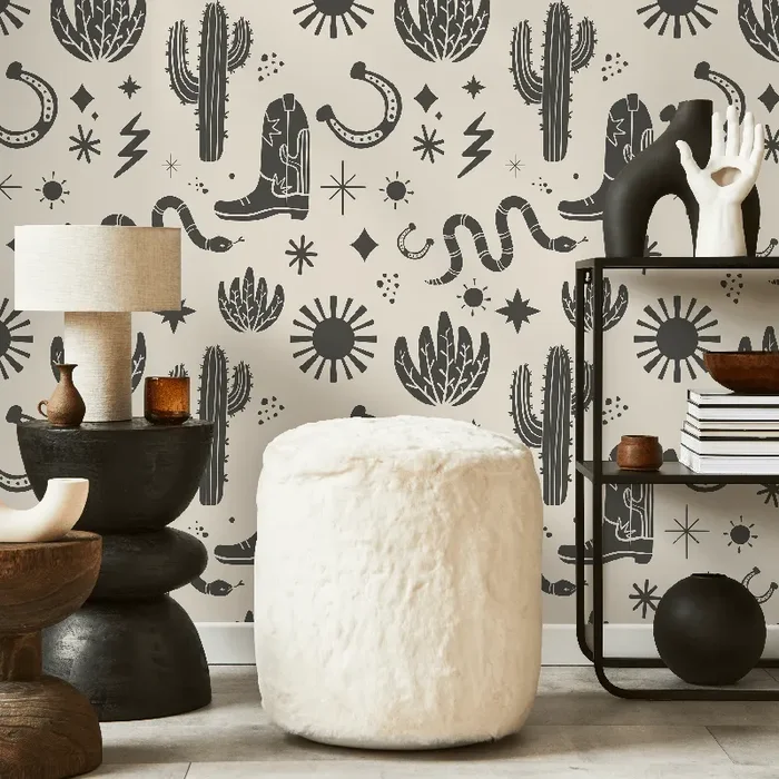 Western Wallpaper With Desert Icons In Charcoal And Beige – D826