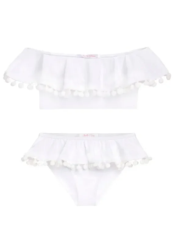 White Draped Bikini With White Pom Poms