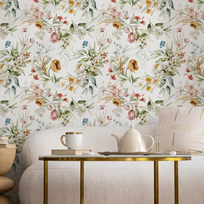 Wildflower Wallpaper With A Watercolor Garden Motif In Pink, Yellow, And Blue – C826