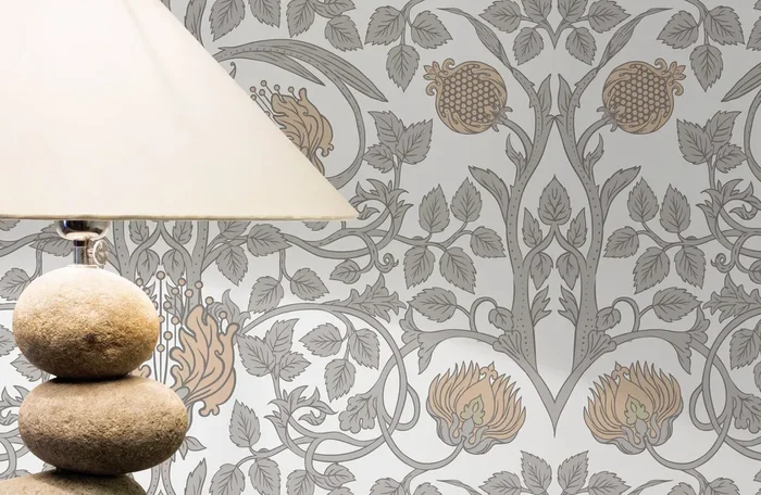 William Morris Wallpaper With A Pomegranate Motif In Beige, Tan, And Gray – D043