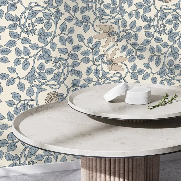 William Morris Wallpaper With Trailing Floral Vines In Light Blue And Beige – D506