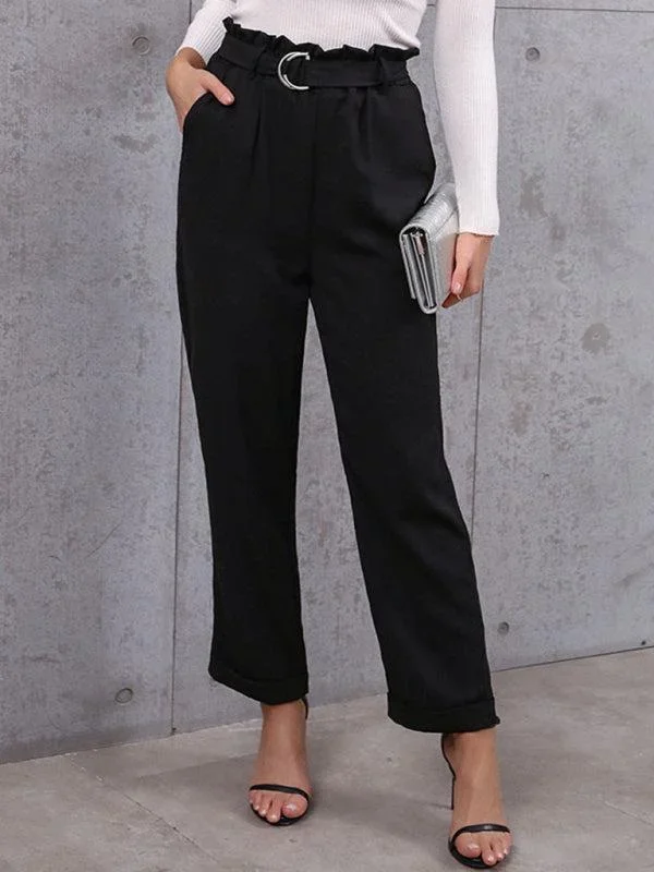 Women’s Black Paper Bag Waist Turn Up Straight Leg Trousers With Belt