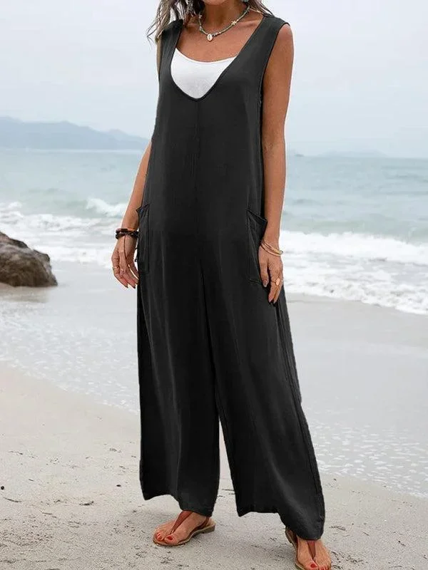 Women’s Casual Wide Leg Patch Pocket Flowy V-Neck Jumpsuit