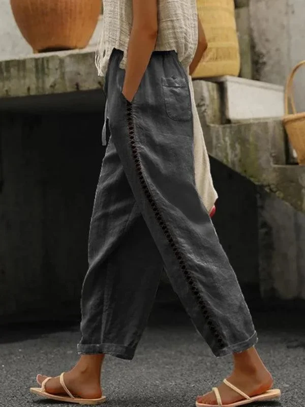 Women’s Cropped Casual Linen Trousers With Stitching Detail