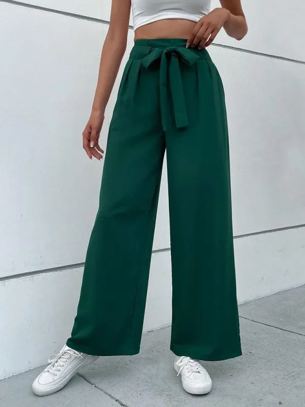 Women’s Dark Green Tie Waist Wide Leg Trousers