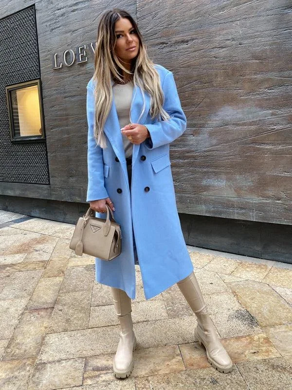 Women’s Double Breasted Long Length Woolen Coat With Black Buttons