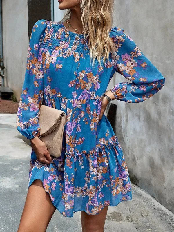 Women’s Floral Print Round Neck Chiffon Layered Dress With Long Sleeves