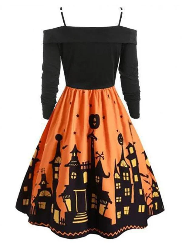 Women’s Halloween Print Panel Contrast Flare Dress