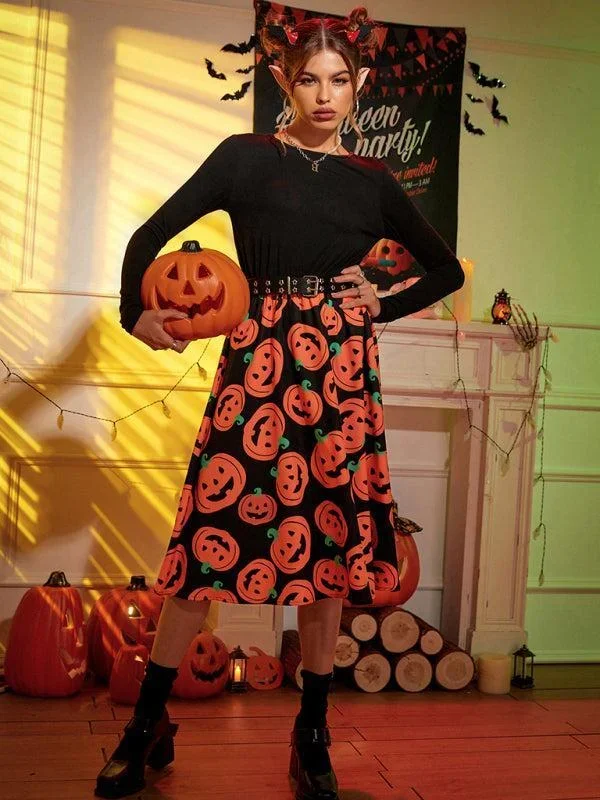 Women’s Halloween Pumpkin Print Long Sleeve Swing Dress