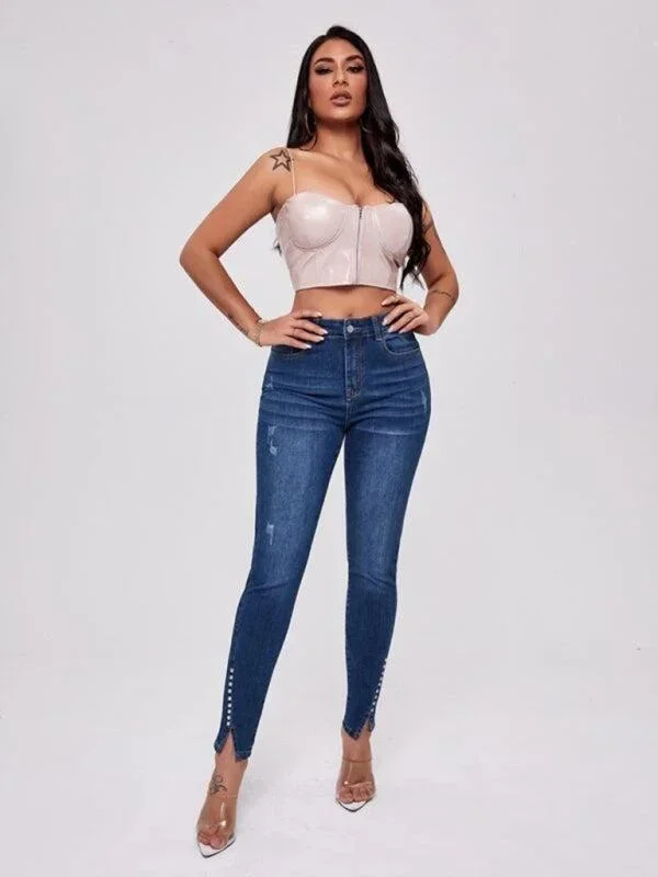 Women’s High Waist Slit Jeans With Bead Trim